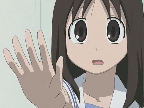 a girl with brown hair and white eyes waves her hand in the air
