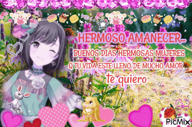 a picture of a girl surrounded by hearts and flowers with the words hermoso amanecer