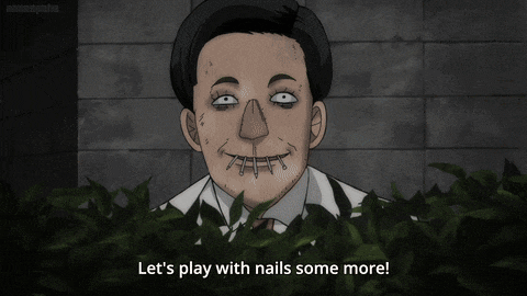 a cartoon of a man with nails in his mouth and the words let 's play with nails some more