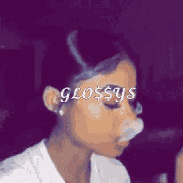 a woman is smoking a cigarette with the word glossys on her face