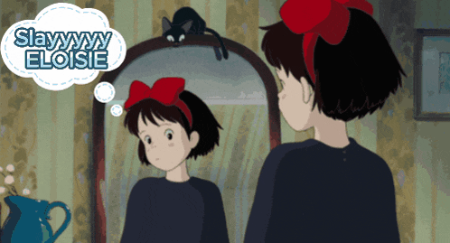 a girl looking at her reflection in a mirror with a speech bubble that says slayyyy eloise