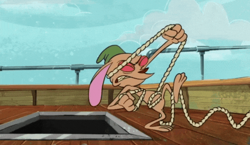 a cartoon character is holding a long rope in his hand
