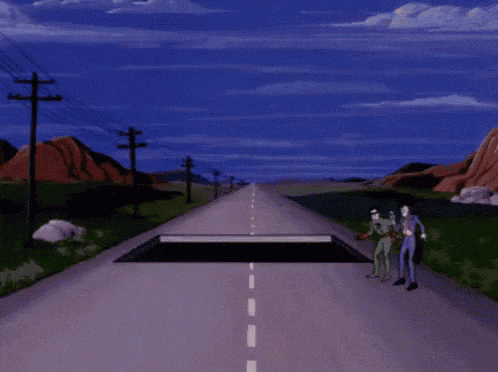 a cartoon of two men standing on a road with a hole in the middle