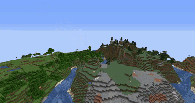 an aerial view of a minecraft world with trees and hills