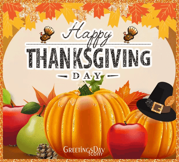 a happy thanksgiving day greeting with pumpkins apples and turkeys