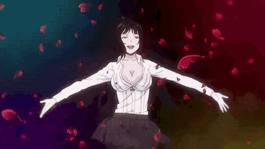 a woman in a white shirt and black skirt is dancing with her arms outstretched and petals are falling around her .
