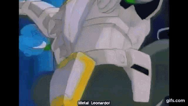a cartoon character in a white suit is flying through the air in a blue background .