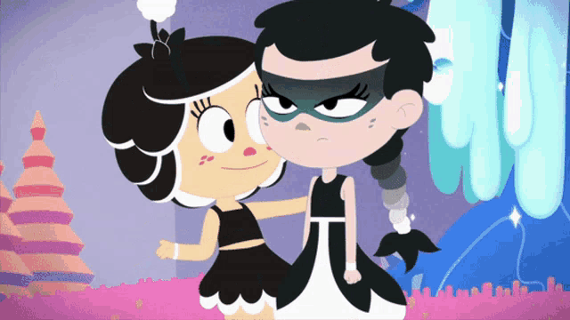 a cartoon of two girls one of whom is wearing a black mask
