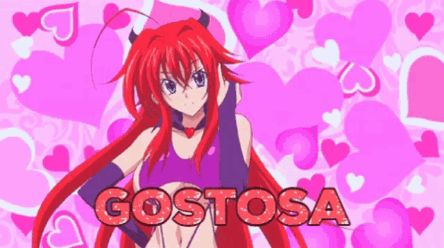 a girl with red hair is surrounded by pink hearts and the words gostosa