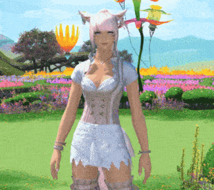 a woman in a white dress is standing in front of a field of colorful flowers