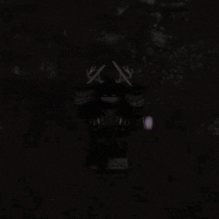 a person with antlers is standing in the dark in a dark forest .