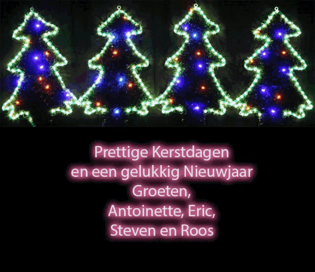 a christmas card in a foreign language with a row of lit up trees
