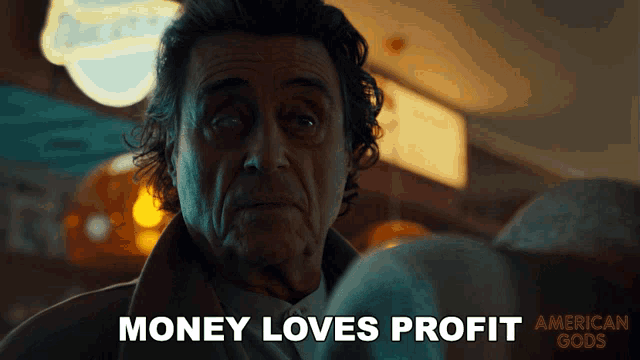 an advertisement for american gods shows a man talking about money loves profit