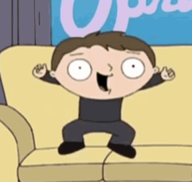 a cartoon character is sitting on a couch with his arms outstretched