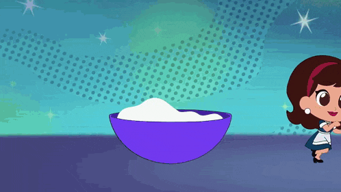 a cartoon of a woman running towards a bowl of flour