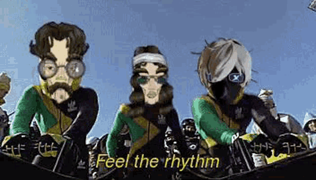 a group of cartoon characters are standing next to each other and one of them says `` feel the rhythm '' .