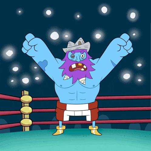 a cartoon character in a boxing ring with his arms outstretched