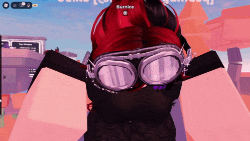 a girl with red hair is wearing goggles and has the name burnice on her head