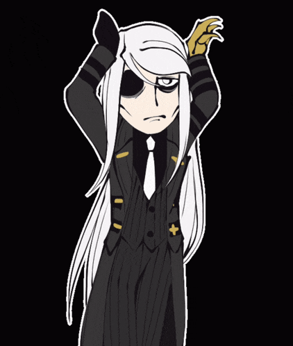 a cartoon drawing of a man with long white hair and a black suit