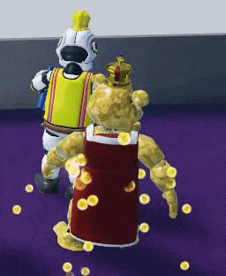 a couple of cartoon characters standing next to each other on a purple surface .