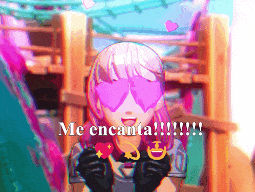 a girl with a heart in her eyes and the words me encanta