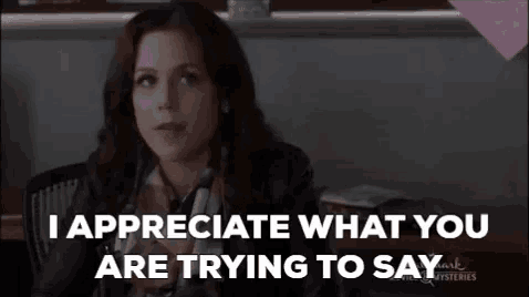 a woman is sitting at a desk and saying `` i appreciate what you are trying to say `` .