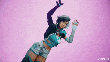 a woman in a futuristic outfit is standing on one leg on a purple background .