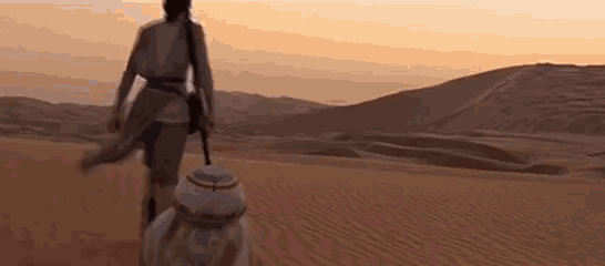 a woman is walking in the desert with a robot .