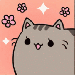 a cartoon cat with pink flowers flying around it