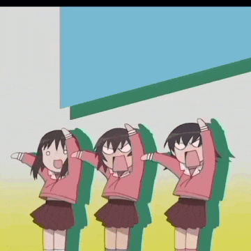 three anime girls are standing next to each other with their arms up
