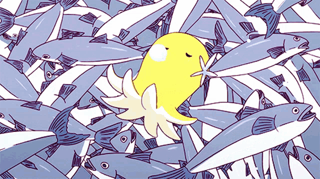 a cartoon drawing of fish and a yellow bird