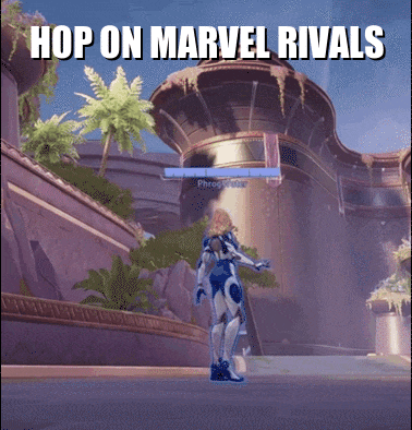 a screenshot of a video game with the words hop on marvel rivals