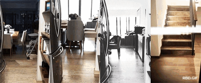 a black and white photo of a kitchen and stairs with the words rbd.gif on the bottom