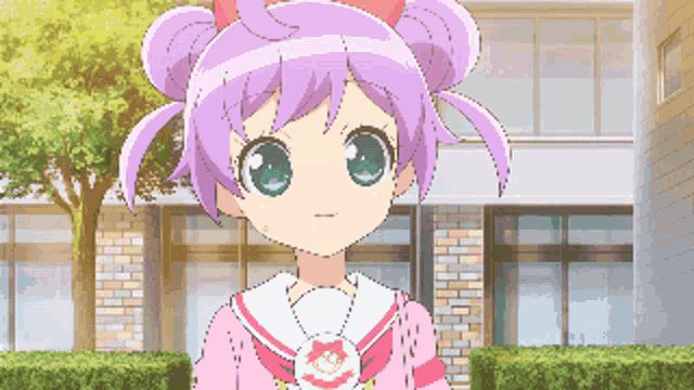 a girl with purple hair and green eyes is standing in front of a building