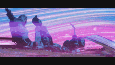a group of women are riding in a car with a pink background