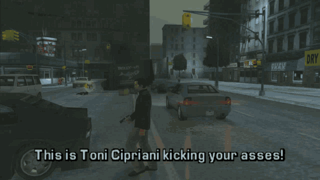 a screenshot of a video game says this is toni cipriani kicking your ass