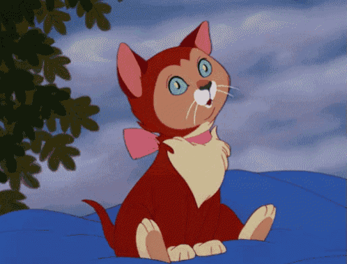 a cartoon cat with green eyes and a pink bow on its neck