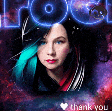 a painting of a woman with blue and red hair and the words thank you below her