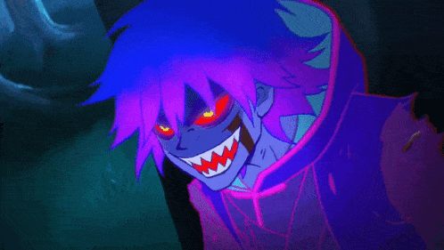 a cartoon character with purple hair and red eyes has sharp teeth