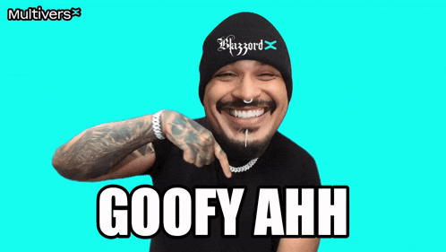 a man wearing a hat that says blizzard on it smiles and says goofy ahh