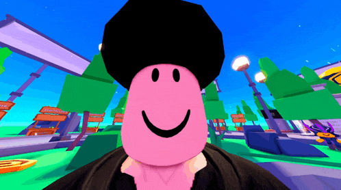 a cartoon character with a pink face and a black hat is smiling