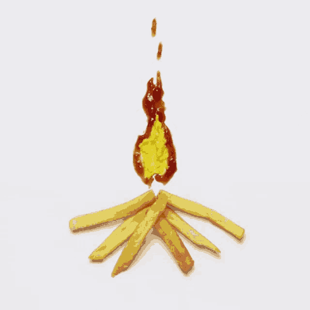 a drawing of a campfire made out of ketchup mustard and french fries