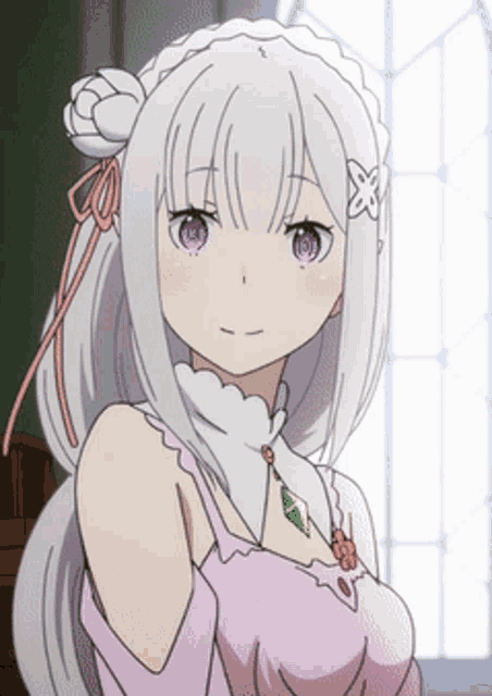 a girl with white hair and purple eyes is wearing a pink top