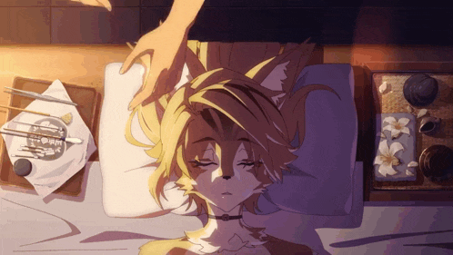 a drawing of a furry character laying on a bed with their eyes closed