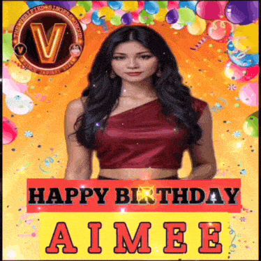 a poster that says happy birthday aimee with a woman on it