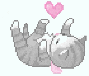 a pixel art drawing of a cat laying on its back with a pink heart above it .