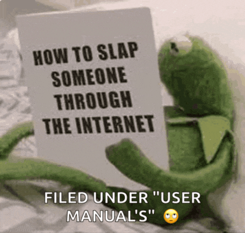 kermit the frog is holding a sign that says how to slap someone through the internet filed under user manuals