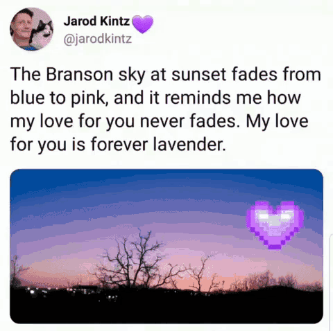 a tweet by jarod kintz shows a sunset sky with a pixelated heart