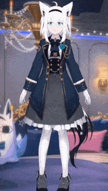 a girl with white hair and black tail is standing in a room with a chandelier