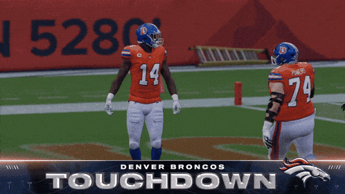two football players on a field with the words touchdown on the bottom